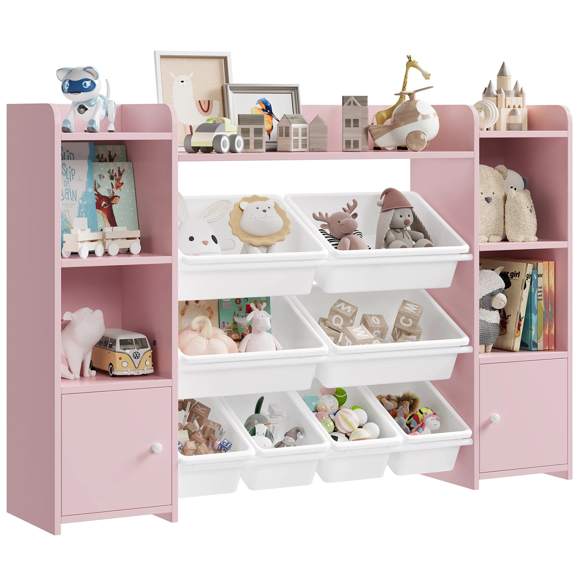 Getone Toy Storage Unit, Children's Bookcase, Toy Organiser with 8 Boxes and 9 Shelves 138x29x94 cm White/Pink