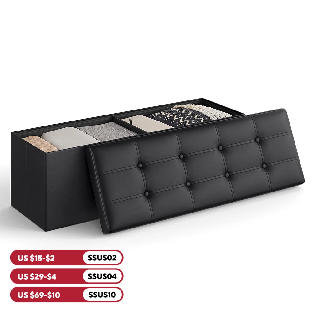 SONGMICS 43 Inches Folding Storage Ottoman Bench, Storage Chest, Footrest, Coffee Table, Padded Seat, Faux Leather