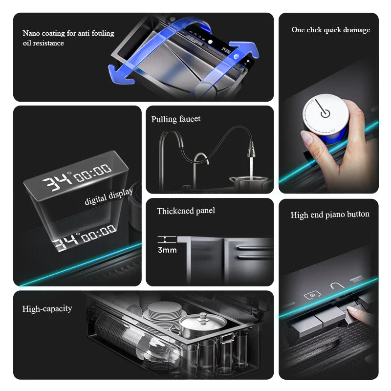 Gun Grey 304 Stainless Steel Waterfall Drainage Kitchen Sink Integrated Digital Display Faucet Set Soap Dispenser Vegetable Pool