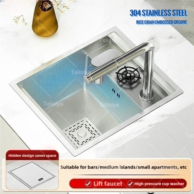 Hidden Bar Sinks Cup Washer 304  Stainless Steel Kitchen Sink Small Silver Single Slot With Lid Bar Balcony Wash Basin