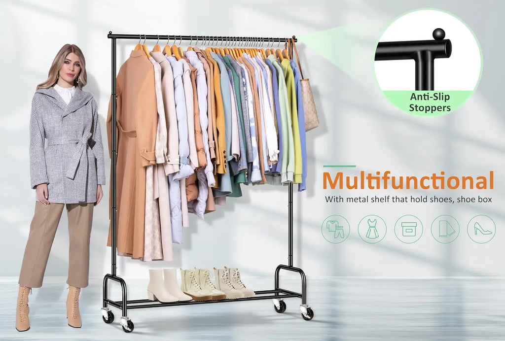 Heavy Duty Clothing Racks for Hanging Clothes Rack,43" Wide Rolling Garment Rack Metal Clothing Hanger Rack Wheels Wardrobe Rack