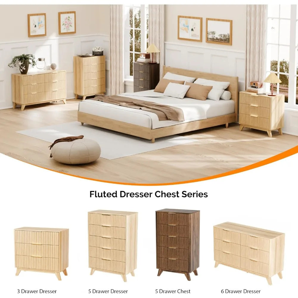 Fluted Dresser 6 Drawer, Wood Dresser for Bedroom with Rounded Edges, Mid Century Modern Dressers 47" Long Chest of Drawers, Na