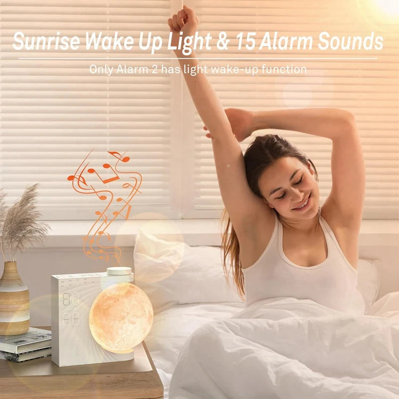 Moon Lamp Sunrise Alarm Clock for Bedrooms, Moon Night Light Clock Wake Up Light for Kids Teens,White Noise Sound Machine