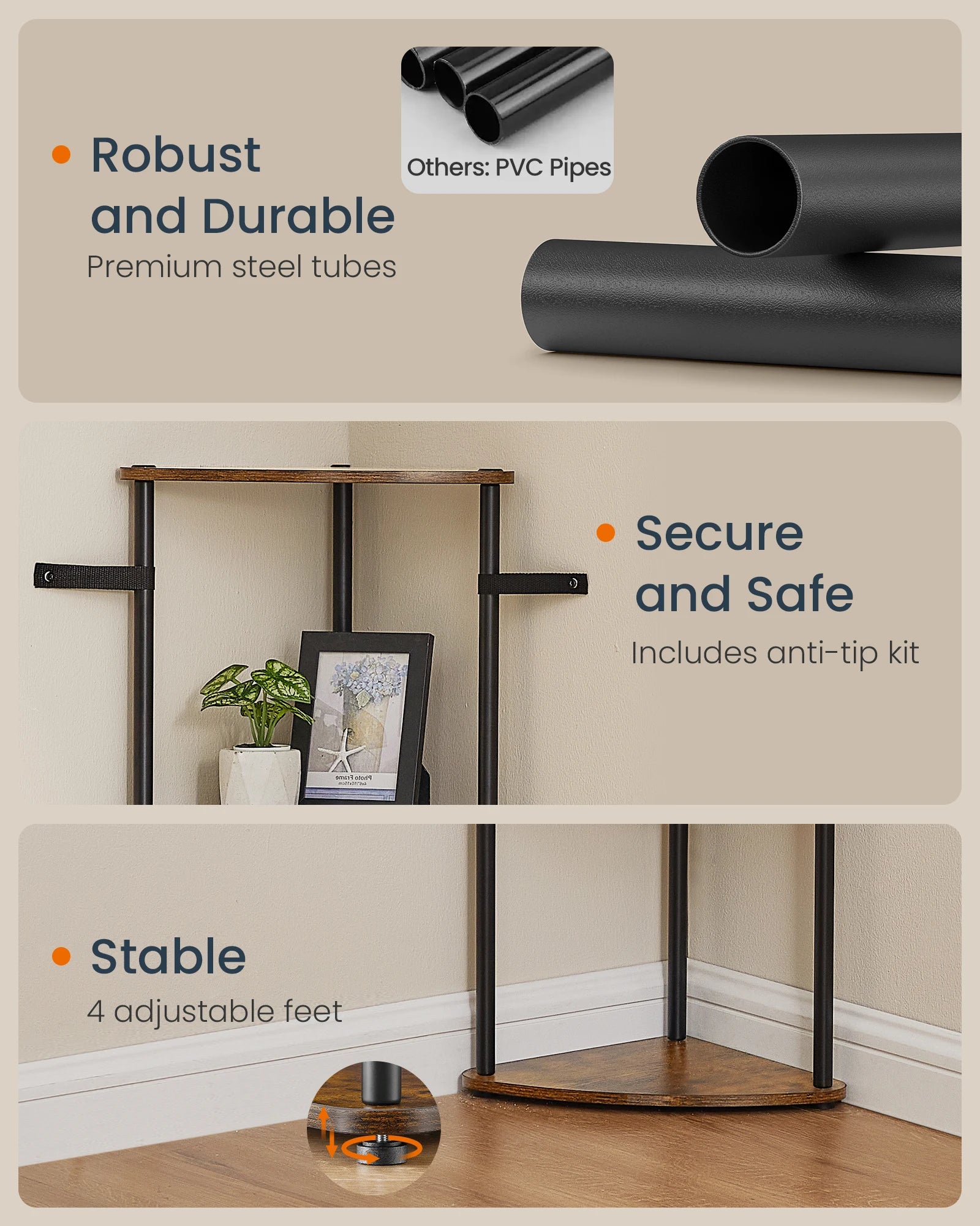 SONGMICS HOME Superfast Toolless Assembly, Corner Shelf Stand, 5-Tier Corner Standing Shelf, Living Room, Bedroom, Kitchen