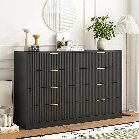 8 Drawer Dresser for Bedroom, Modern Fluted Double Dresser, 55" Wide Chest of Dressers, Mid Century Wooden Beside Table for Clos