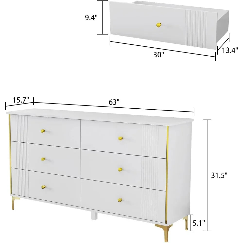 6 Drawer Double Dresser with Modern Faces, Wood Dresser Chest with Decor Drawers and Golden Handles, Storage Chest of Drawers
