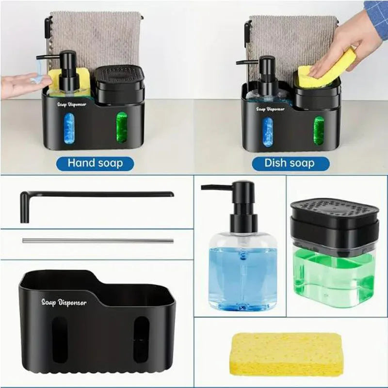 Kitchen Hand and Dish Soap Dispenser Set, Double Soap Dispenser with Sponge Holder and Rag Holder 4 in 1 Kitchen Sink Countertop