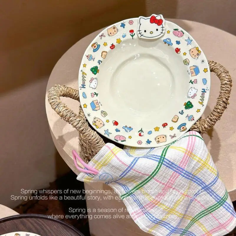 Hellokitty Cartoon Kawaii Ceramic Tableware Household Rice Bowls Sand Bowls Household Vegetable Dishes Complete Set of Tableware