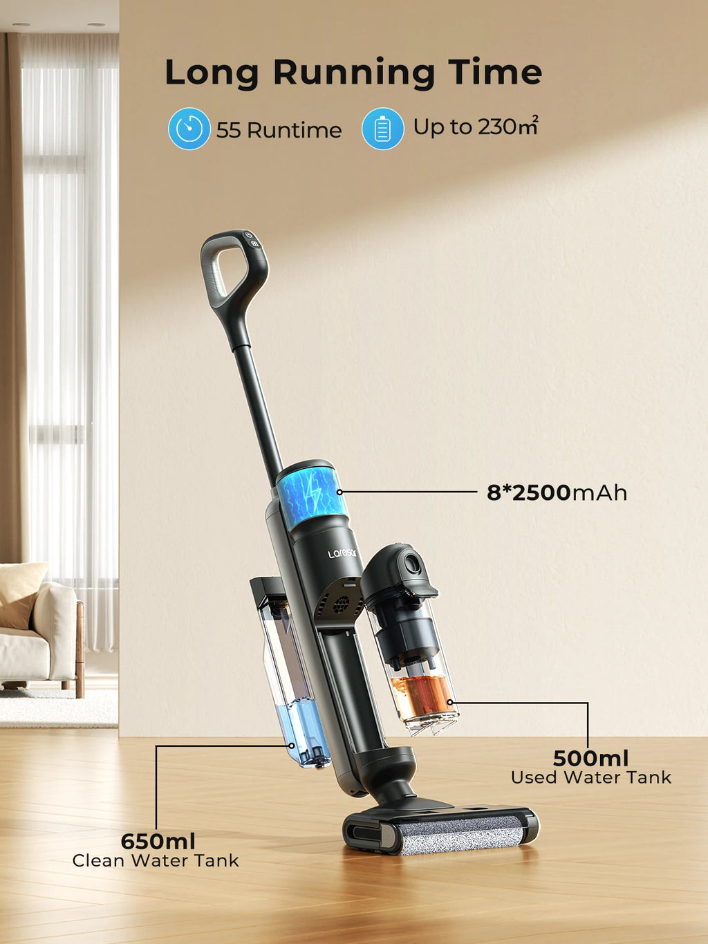 Laresar M3 Cordless Wet Dry Vacuum Cleaner Mop, Edge Cleaning 55min Auto Suction Floor Washer Self-Cleaning Smart Home Appliance