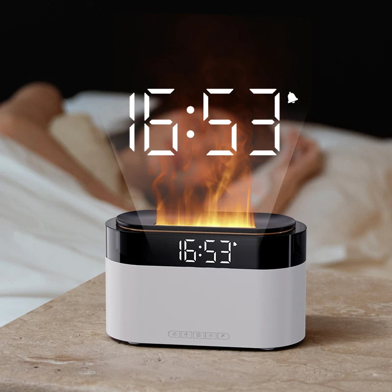 LED Clock Ultrasonic Air Humidifier with Colorful Flame Night Light an
