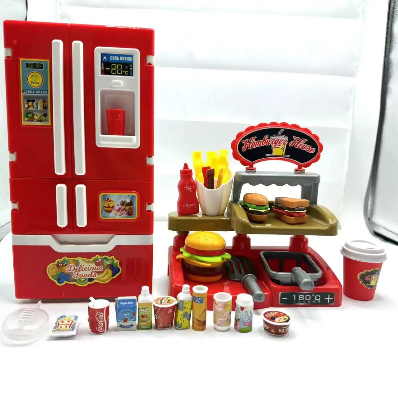 Kitchen Pretend Play House Set Spray Water Vapor Mini Fridge Kitchen Fast Food Burger Fries Dessert Educational Role Play Toys