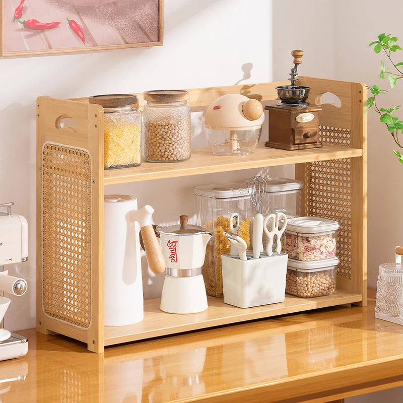 Kitchen Counter Rattan Storage Rack, Home Vanity, Cosmetic Organizer, Spice and Dish Rack, Nan Bamboo Storage Shelf