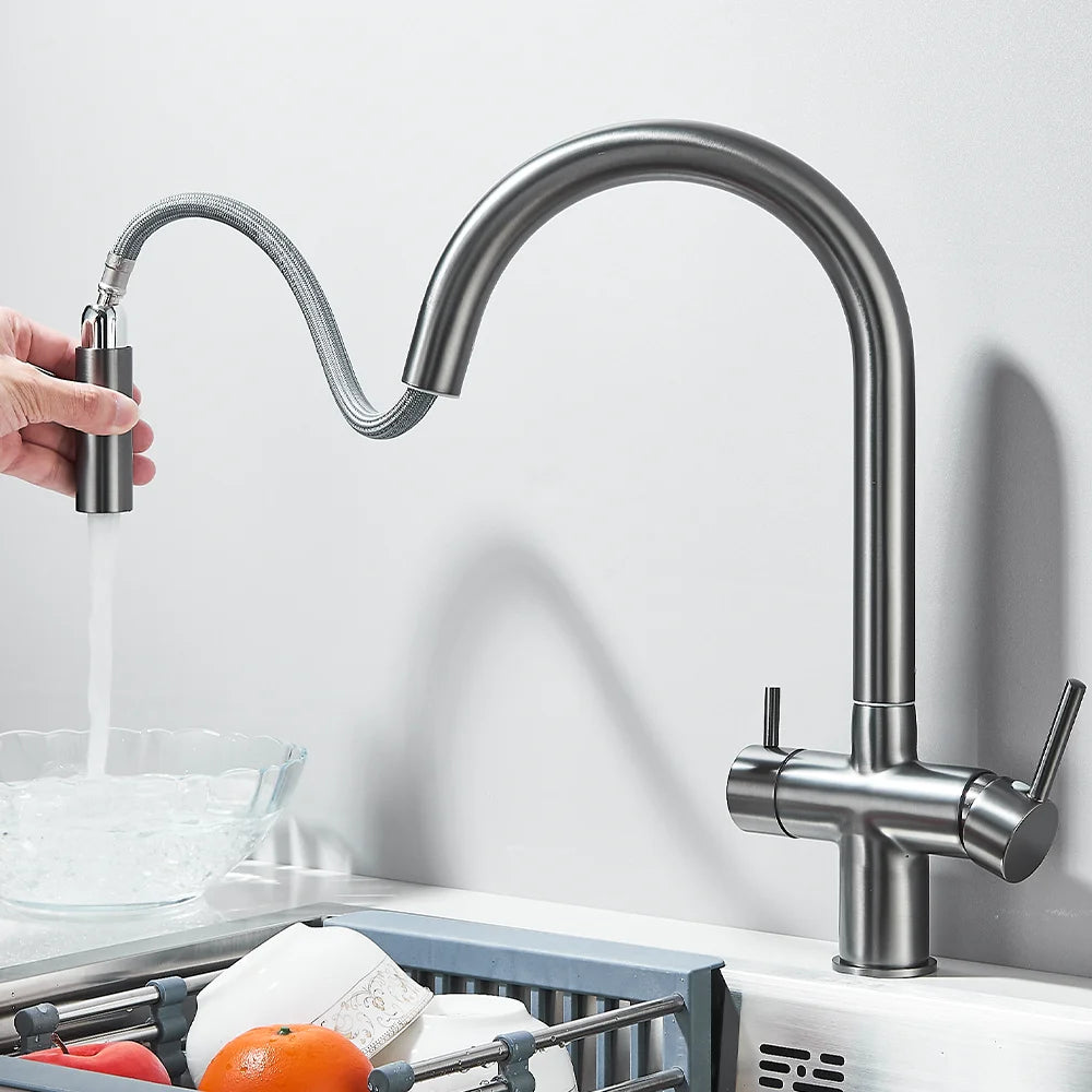 Gun Grey Dual Spout Kitchen Mixer Swivelling 360° Hot And Cold Water Mixer Pull-down Pure Water Faucet Twin-handle Kitchen Mixer