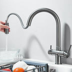 Gun Grey Dual Spout Kitchen Mixer Swivelling 360° Hot And Cold Water Mixer Pull-down Pure Water Faucet Twin-handle Kitchen Mixer