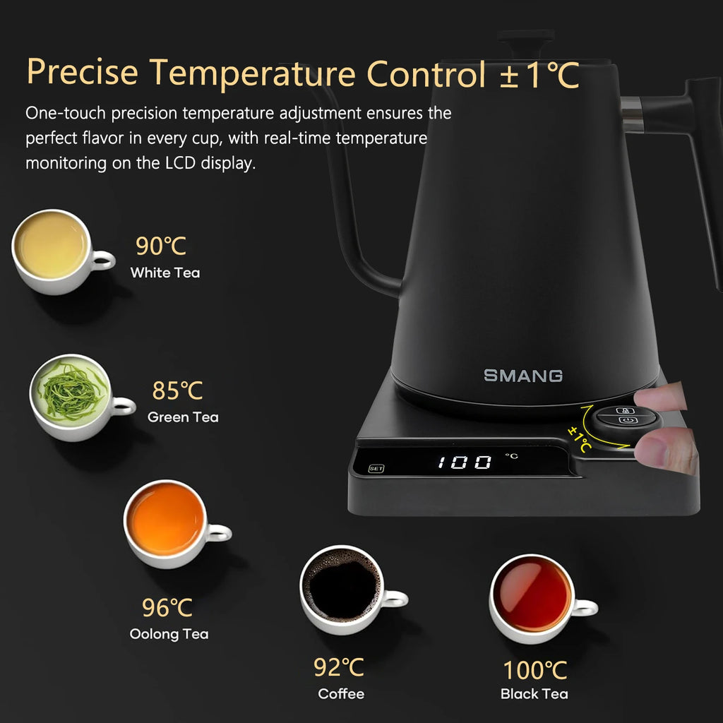 Gooseneck Electric Kettle 1L 1200W Intelligent temperature controlled hand brewed coffee pot Rapid Heating Kettle 110v/220v