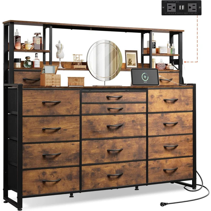 Bedroom 15 & Adjustable Shelves, Tall Dresser with Charging Station, Chest of Drawers for Closet