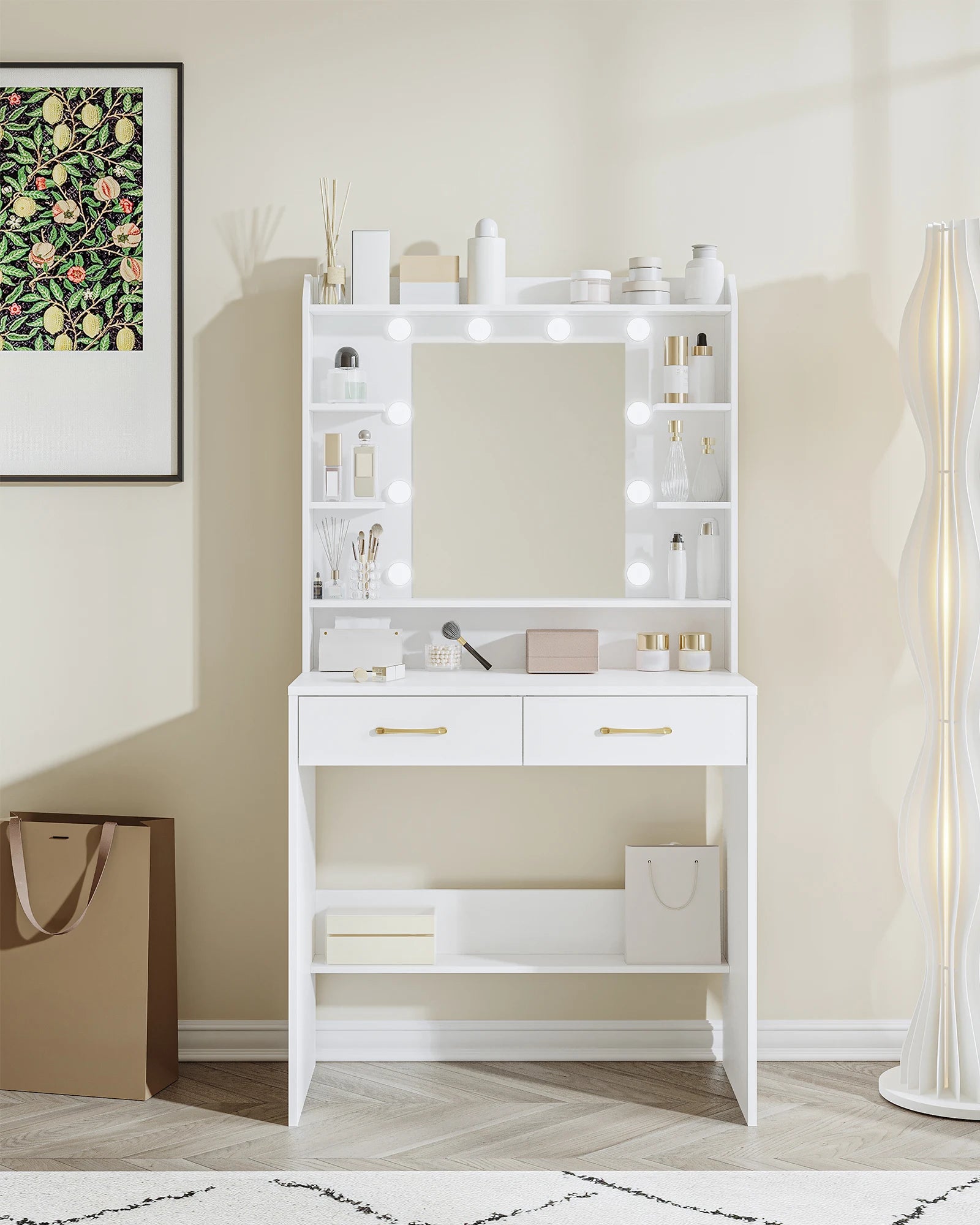 Dressing Table with Mirror, Dressing Table with Shelves and 2 Drawers, for Bedroom, Living Room, Adjustable Brightness, 40 x 80