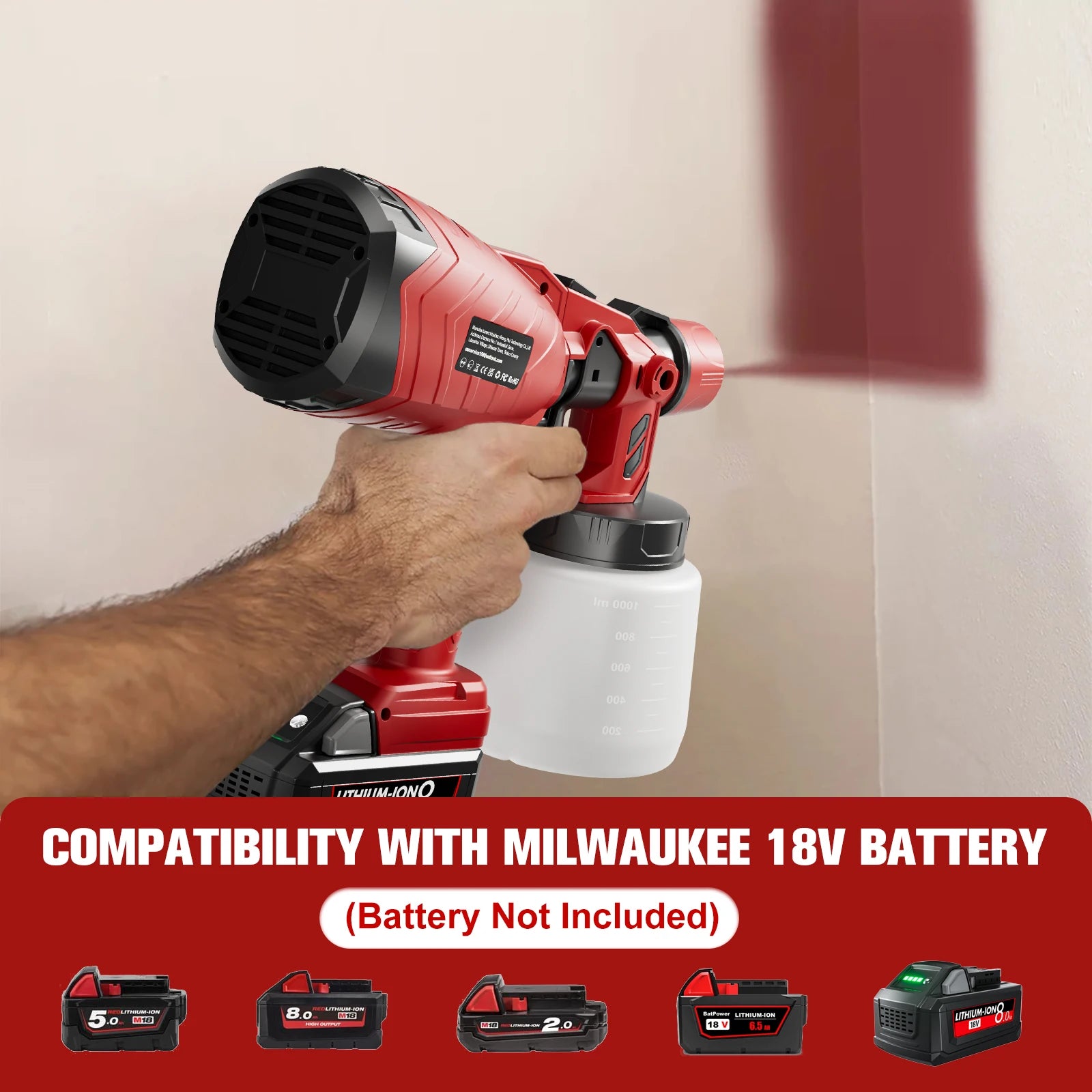 1000ML Cordless Spray Gun For Milwaukee 18V Battery Electric HVLP Rechargeable Paint Sprayer For Car Home Windows Power Tool
