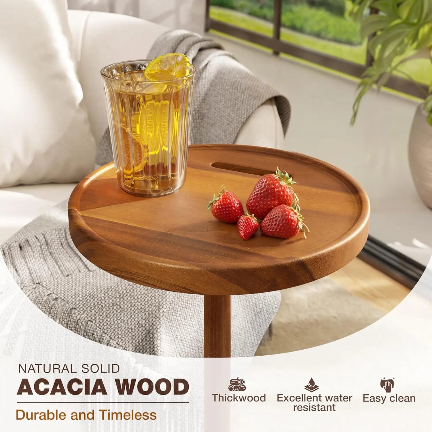 Drink Table,Compact Side Table with Phone Slot and Weighted Base, Durable Pedestal Table Accent for Living Room,Office