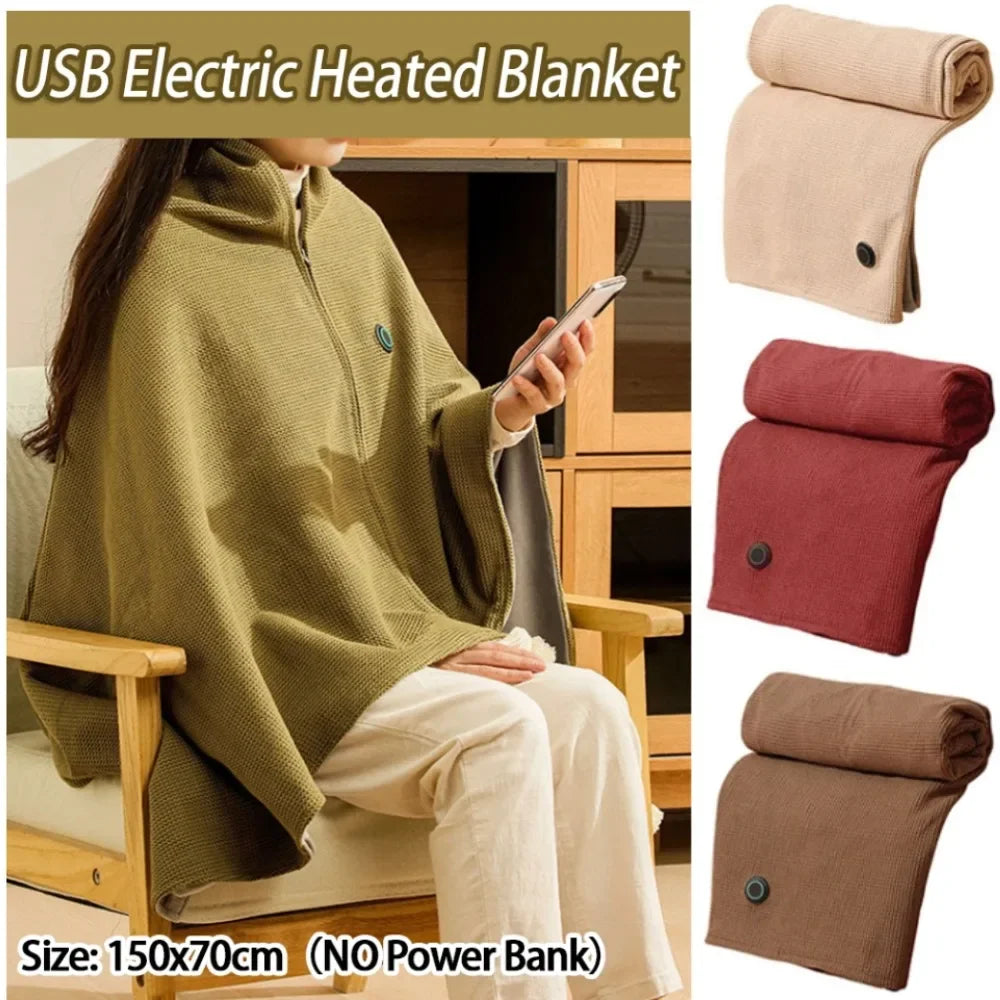 Winter USB Electric Heated Blanket Wearable 3 Heating Level Heated Shawl Portable Body Warmer Blanket for Home Office Sofa Shawl