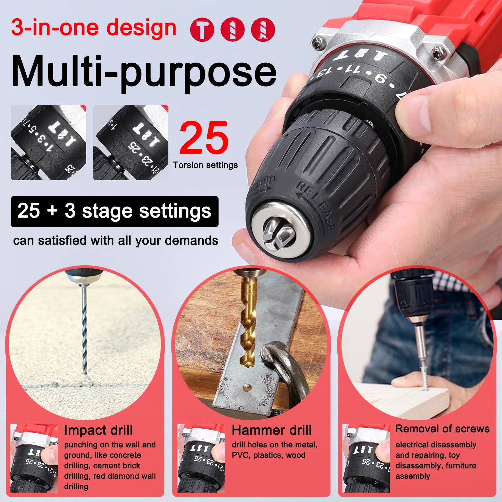 3-in-1 Multipurpose Electric Drill Cordless Impact Drill Speed Adjustable Electric Screwdriver Applicable to 21V Lithium Battery