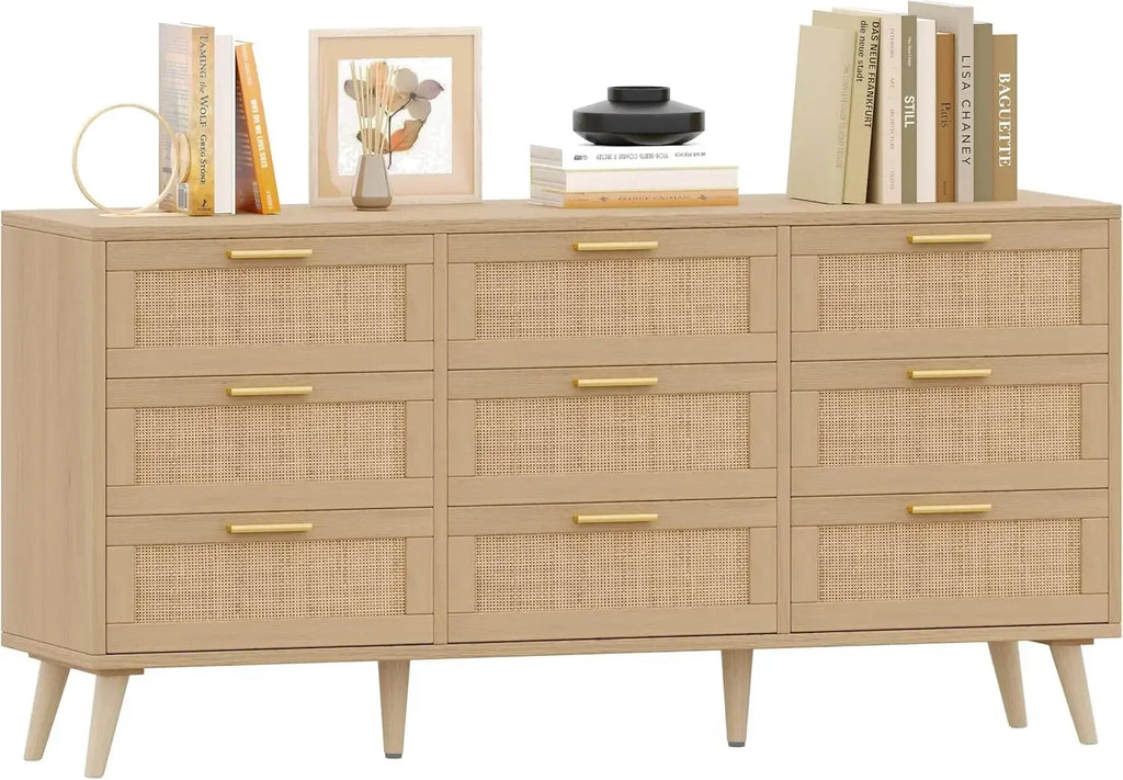 9 Drawer Double Dresser for Bedroom, Rattan Chest of Dressers, Modern Wooden Dresser Chest with Golden Handles, Beside Table