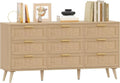 9 Drawer Double Dresser for Bedroom, Rattan Chest of Dressers, Modern Wooden Dresser Chest with Golden Handles, Beside Table