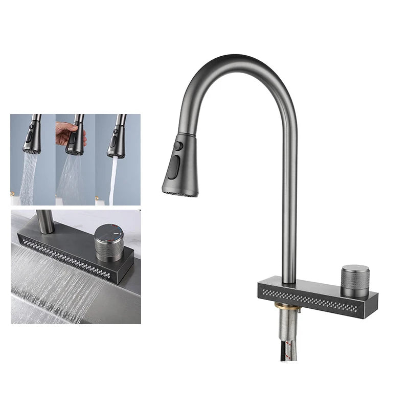 Popular Waterfall Faucet 304 Stainless Steel Hot And Cold Rainfall Kitchen Sink Water Taps Pull Out Spray Kitchen Sink Faucet