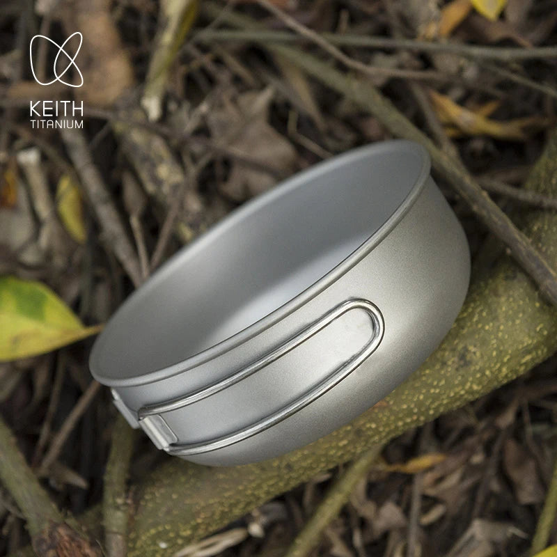 KEITH Compact Titanium Camping Cookware Set 3-Piece Nesting Pot with Folding Handle & Carry Bag, Lightweight Portable