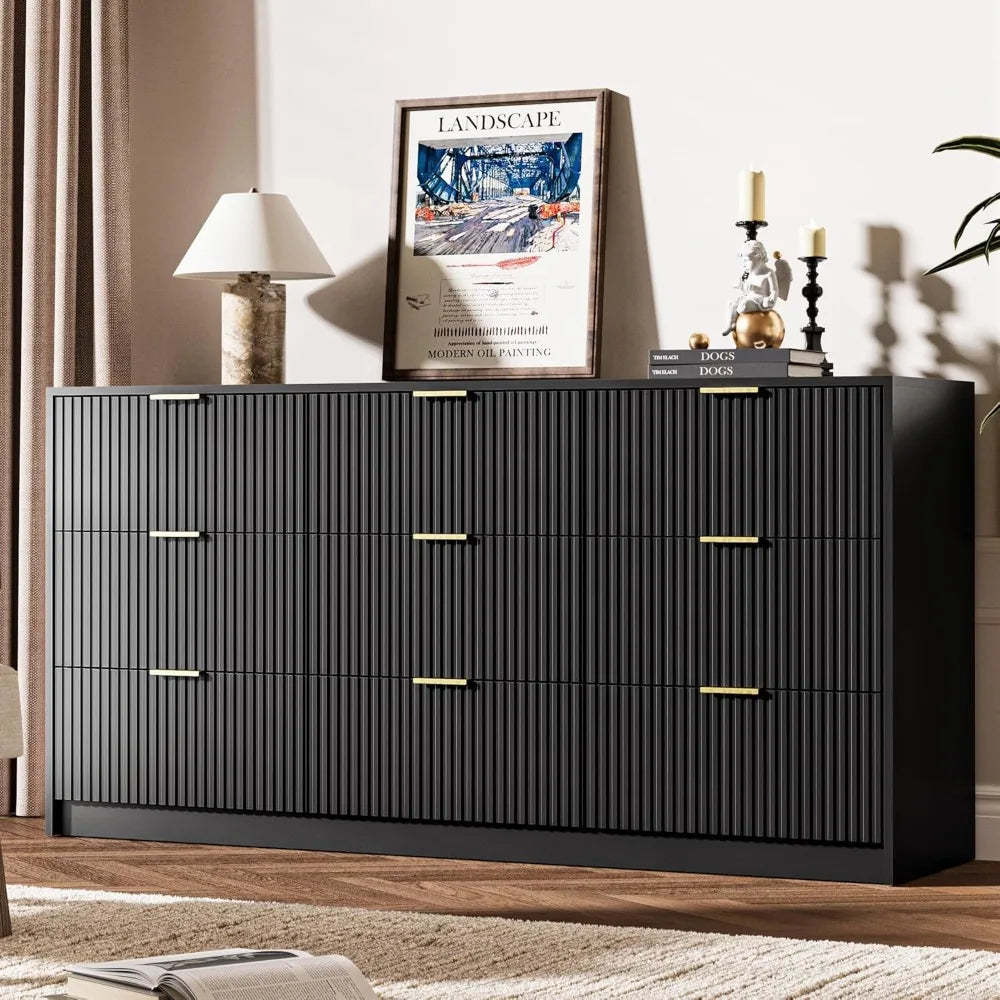 Black Dresser for Bedroom, 9 Drawer Double Dresser, Modern Chest of Drawers for Bedroom, Living Room, Entryway and Closet, 63" L