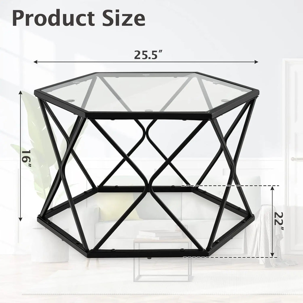 Giantex Hexagonal Glass Coffee Table, End Table W/Tempered Glass Top & Sturdy Metal Legs, Modern Center Table, Geometric Small
