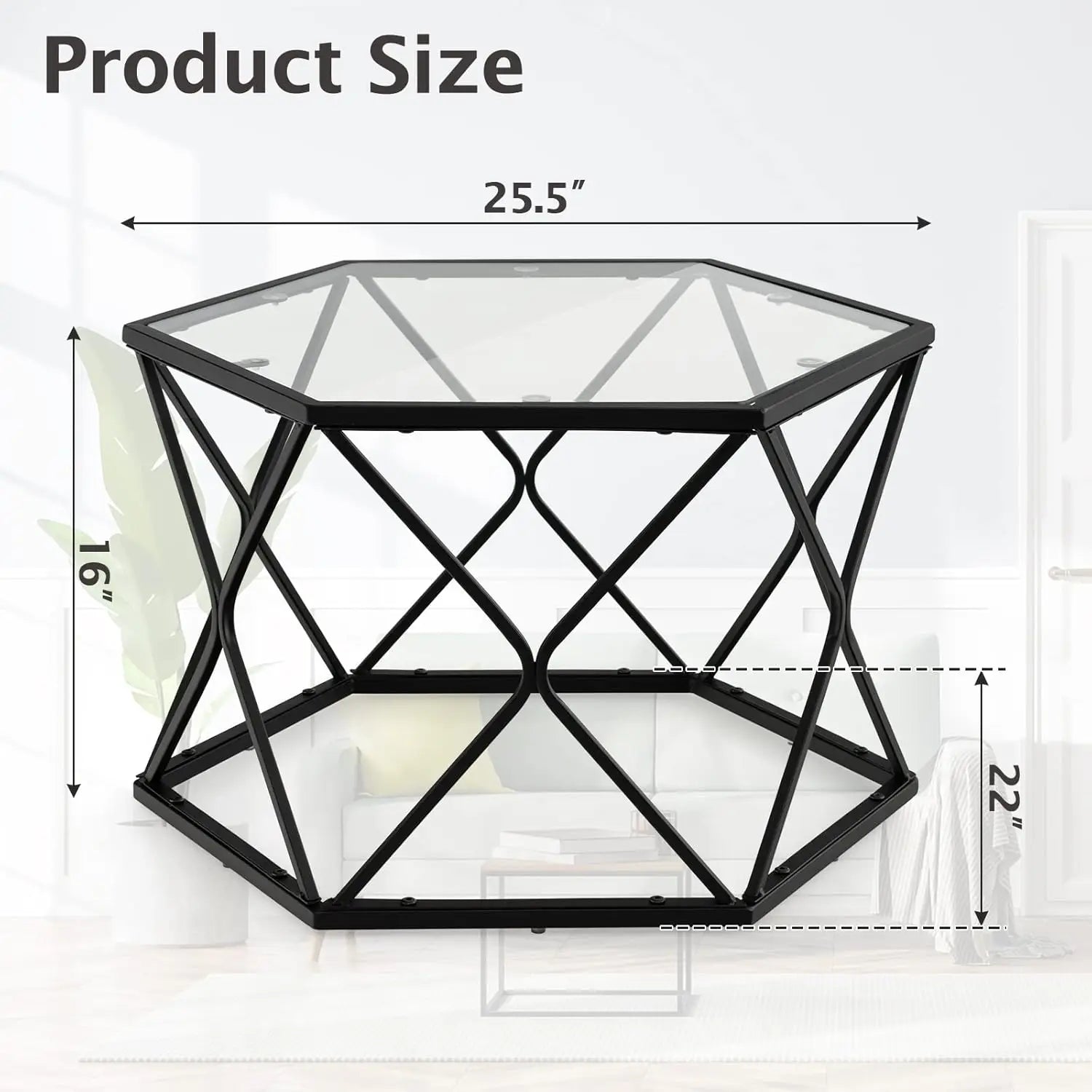 Giantex Hexagonal Glass Coffee Table, End Table W/Tempered Glass Top & Sturdy Metal Legs, Modern Center Table, Geometric Small