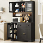 71" Kitchen Pantry Cabinet with Microwave Shelf & Door Shelves, Kitchen Hutch with Outlet & LED Light, Wood Pantry Storage