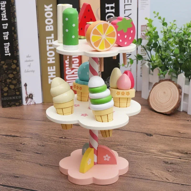 Kitchen Accessories Toy for Kid Pretend Play Wooden Ice Cream Counter Playset for Toddler Toys Montessori Pretend Play Food Toys