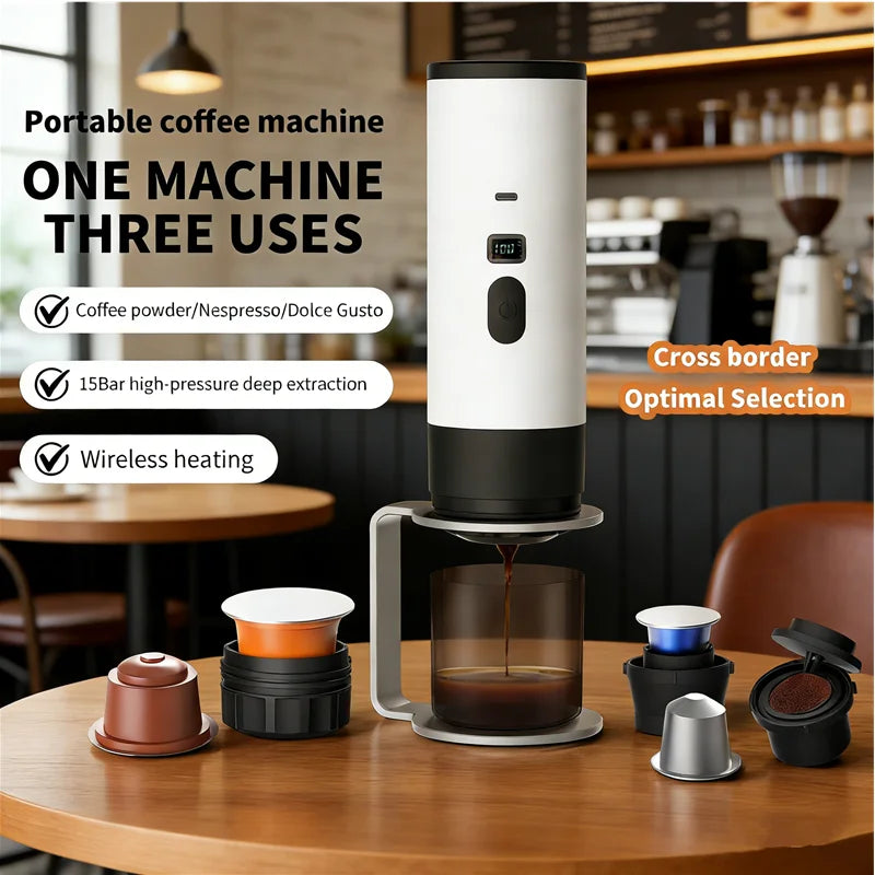 Portable 3-in-1 Wireless Electric Espresso Coffee Machine for Car Home Camping - Capsule Powder Travel Coffee Maker