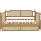 Traditional Style Rattan Twin Size Daybed, Wood Daybed with Trundle for Small Space Guestroom, No Box Spring Needed, Antique Wal