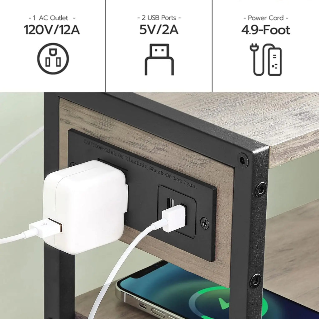 Small Narrow Side Table with Charging Station Set of 2, Skinny End Table for Small Spaces, Slim Nightstand with USB Ports Outlet