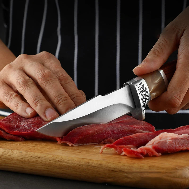 Kitchen straight knife, stainless steel fruit knife with knife sleeve, chef's professional barbecue handle, meat small knife