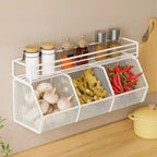 Wall Mounted Kitchen Storage Basket Carbon Steel Grid Vegetable Drainage Basket Punch-Free Spice Storage Shelf Kitchen Storage