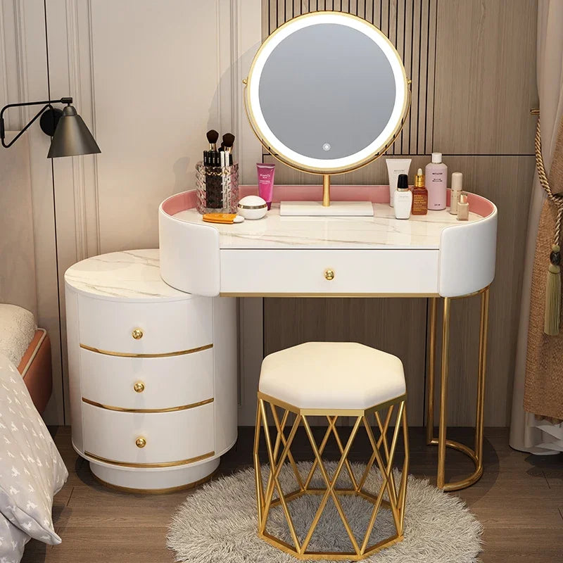 Pink White Vanity Table Women Luxury Nail European Big Stool Study Dressing Table Organizer Mesa De Maquillaje Home Furniture