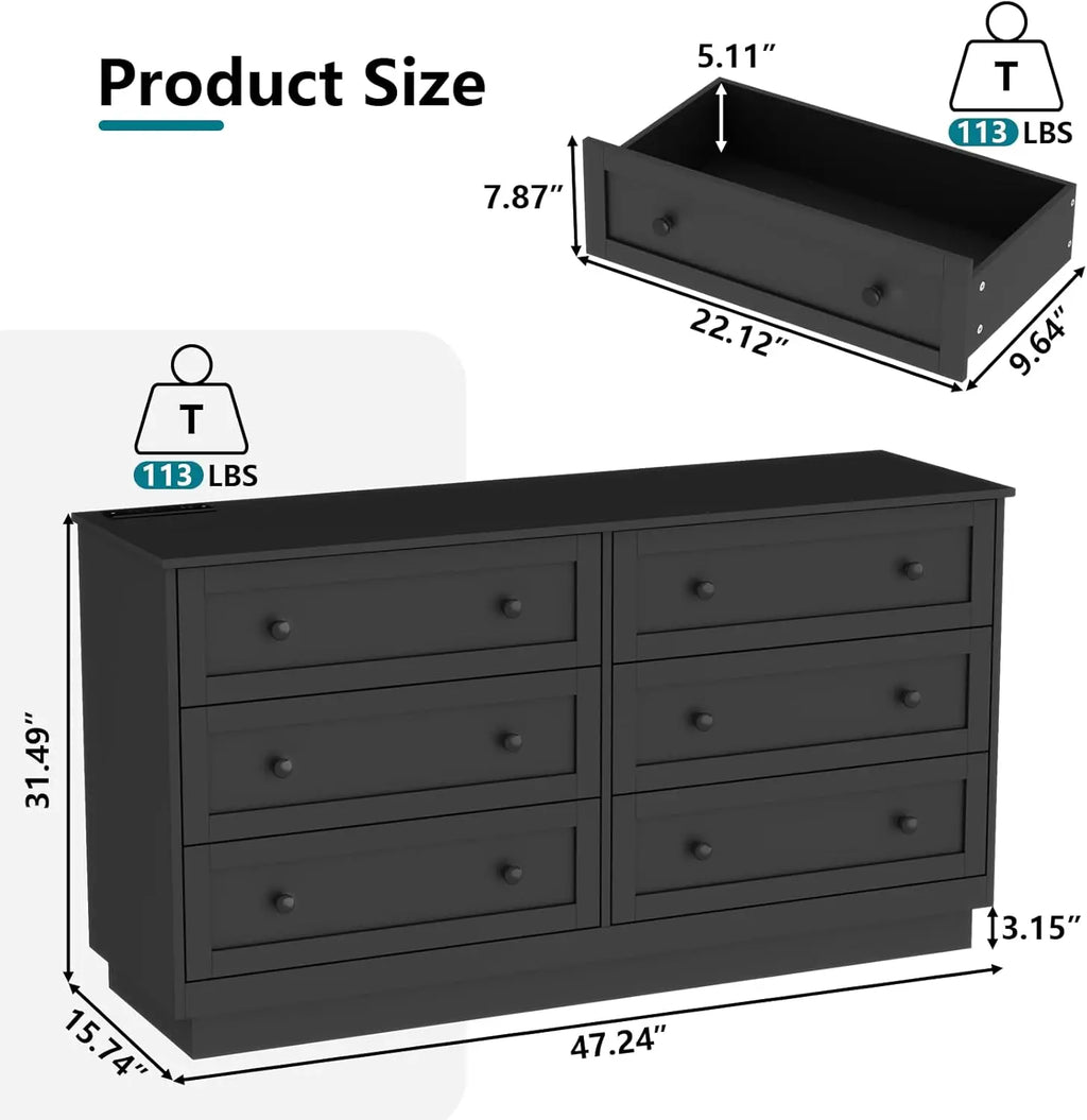 6 Drawer Dresser with Power Outlet, Modern Chest of Drawers with Led Light, Double Wide Drawer Organizer Cabinet