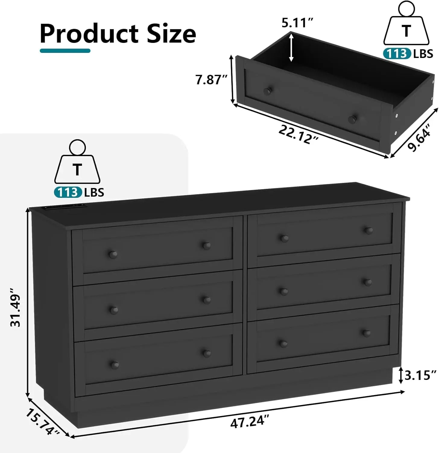 6 Drawer Dresser with Power Outlet, Modern Chest of Drawers with Led Light, Double Wide Drawer Organizer Cabinet