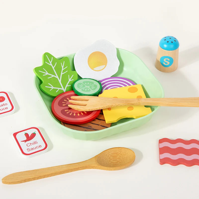 Wooden Kitchen Pretend Play Toy Simulation Wood Food Vegetable Salad Early Learning Chef Simulation Cooking Educational Toys