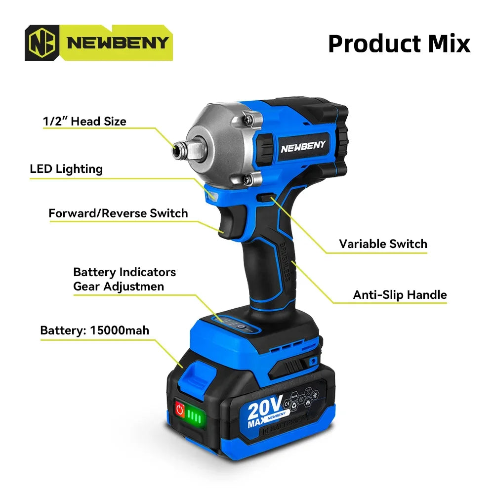 NEWBENY 1000N.m Brushless Electric Wrench 3 Gear Cordless Handheld Impact Wrench Driver Power Tool For Makita 18V Battery Pin