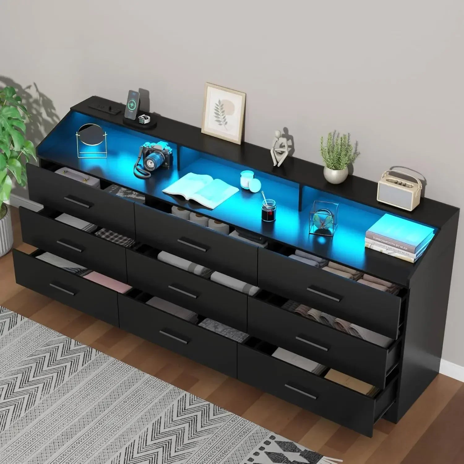 Dresser for Bedroom with Power Outlet, Modern Chest of LED Light, Open Storage Cubby, Organizer, Entryway, Living Room, Black