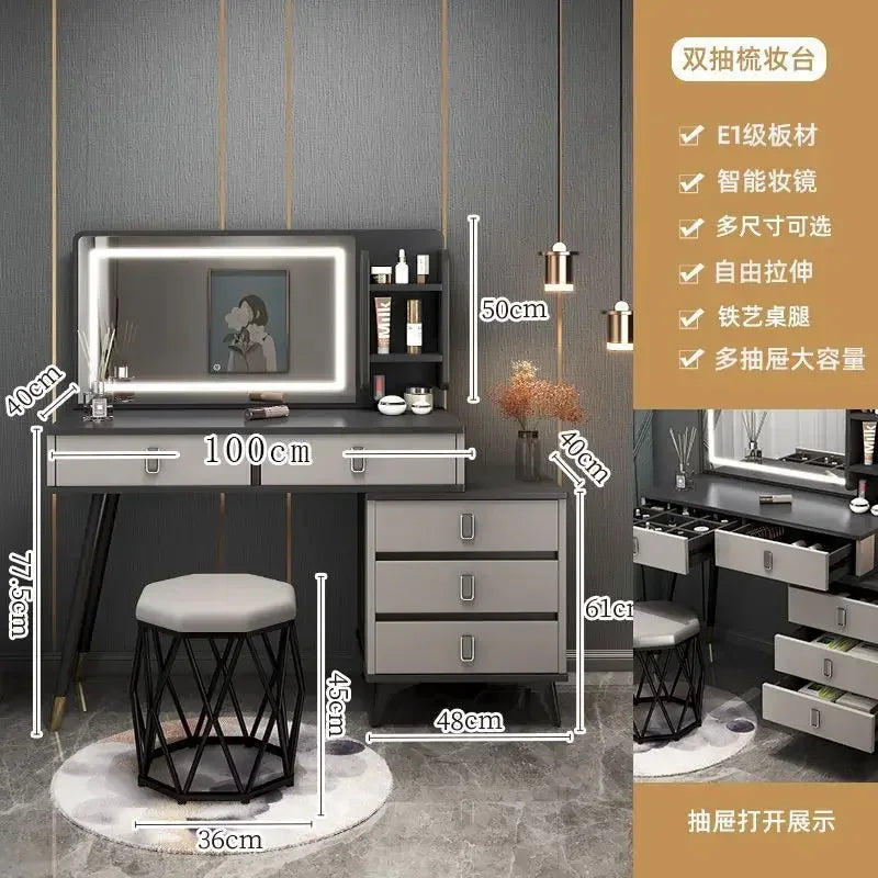 Luxury Dressing Table Comfortable Vanity Makeup Desk LED Large Mirror Drawer for Bedroom Wood Furniture Chest of Drawers Home