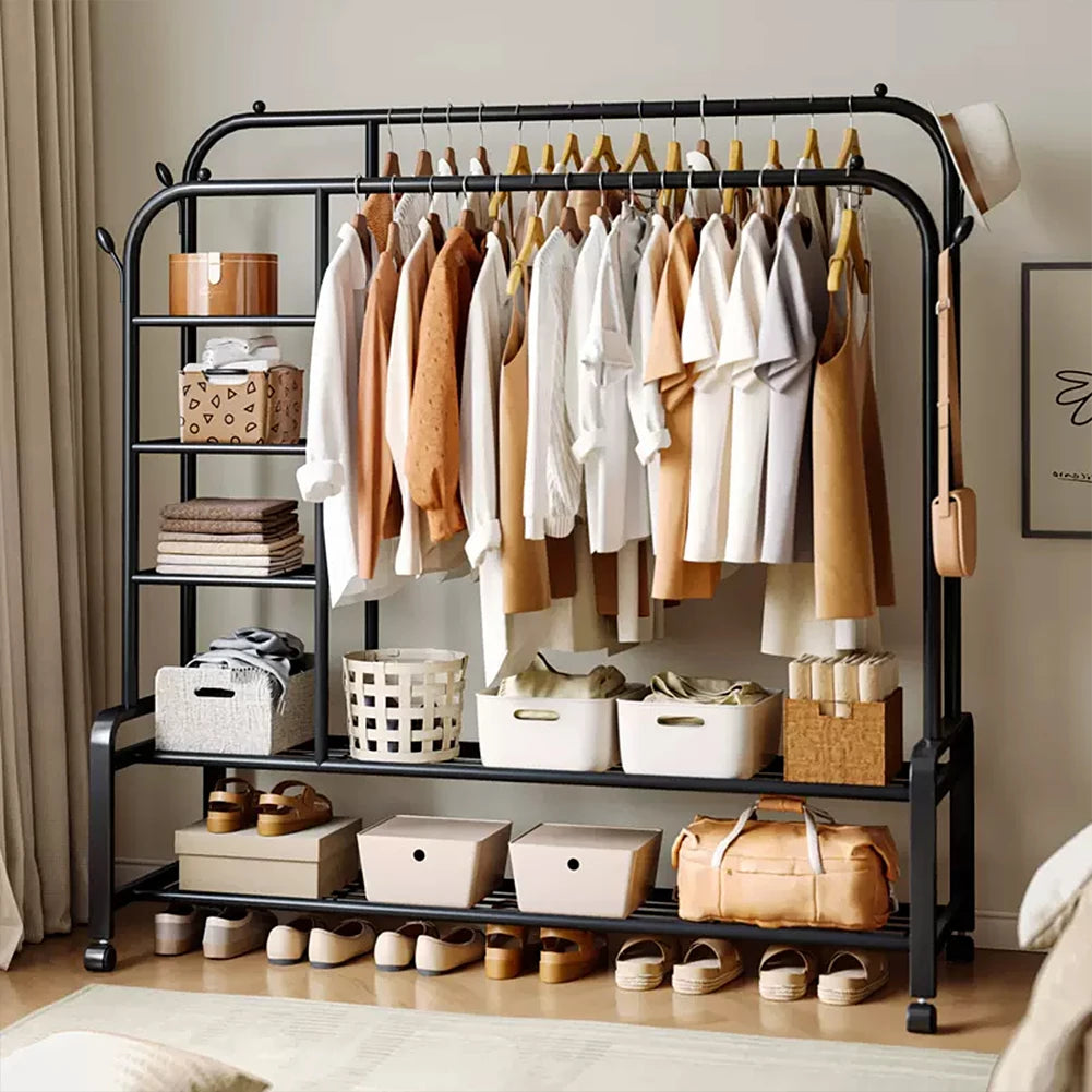 【Breeins】Double-Rod Clothes Rack with Wheels Storage Organizer Clothes Shelf Tidy Home Decoration