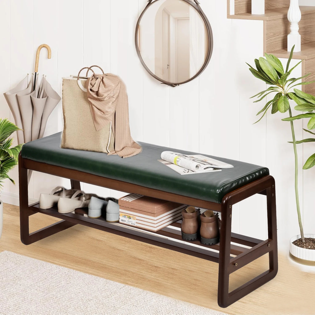 Entryway Bench with Cushion Wood Shoe Storage Bench Shoe Bench Rack Organizer for Hallway, Living Room