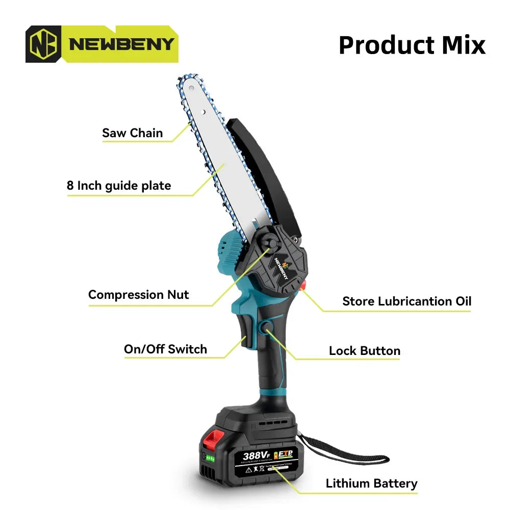 NEWBENY 8 Inch Brushless Electric Saw With Oiler Cordless Woodworking Garden Pruning Saw Power Tools For Makita 18V Battery Pin