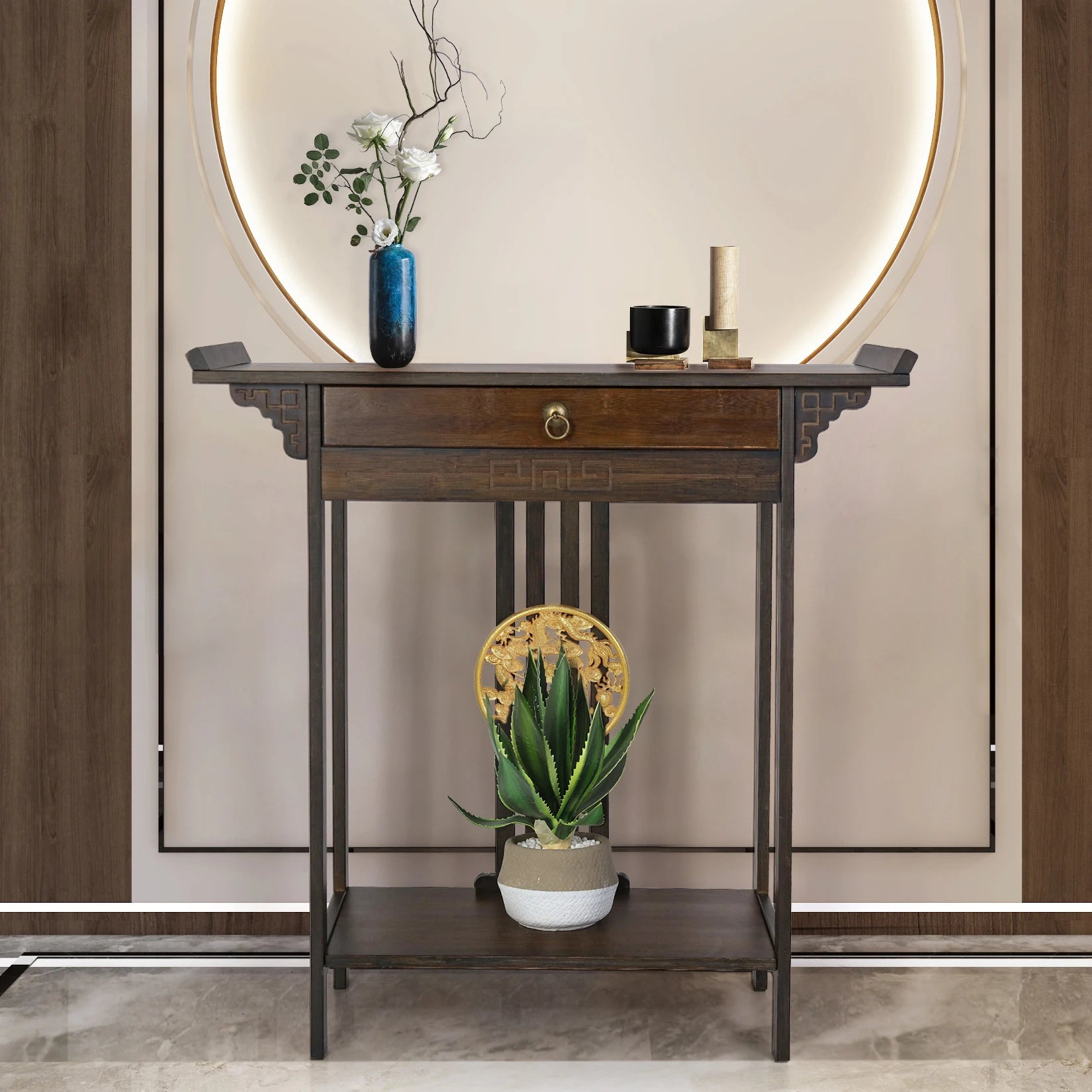 Vintage Rustic Console Table Hall Console Table Luxurious Totem Decor with Pull Drawer & Shelf Living Room Furniture